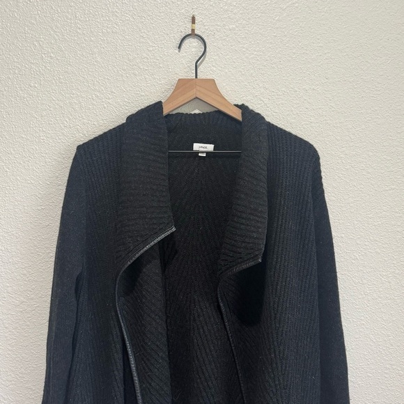 Vince Cardigan Sweater S Small Yak Wool Blend Lamb Leather Open Front Black - Picture 2 of 9